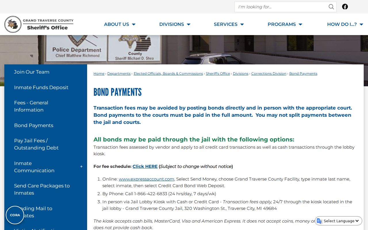 Grand Traverse County online phone and kiosk bond payment channels after arrest