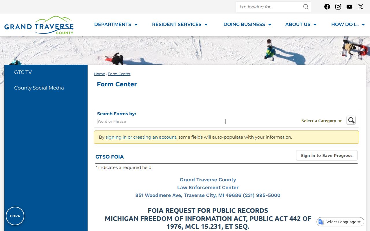 Grand Traverse County sheriff online FOIA form for warrant-related records