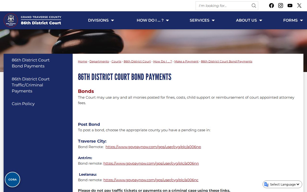 Grand Traverse County district court bond payment route for an arrest warrant