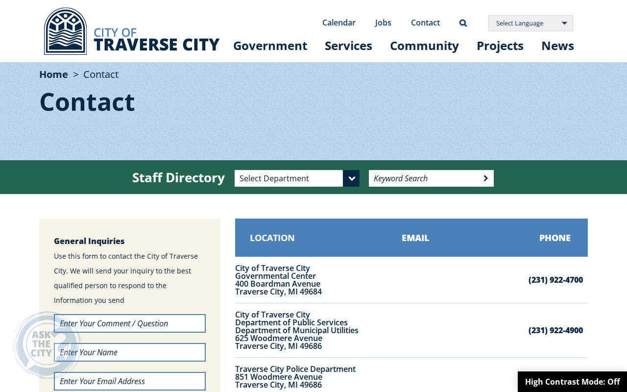 Grand Traverse County city governmental center page that routes local citation questions