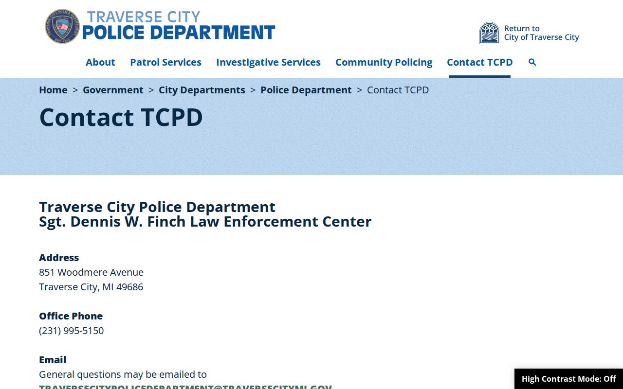 Traverse City police department contact page for city warrant and record questions