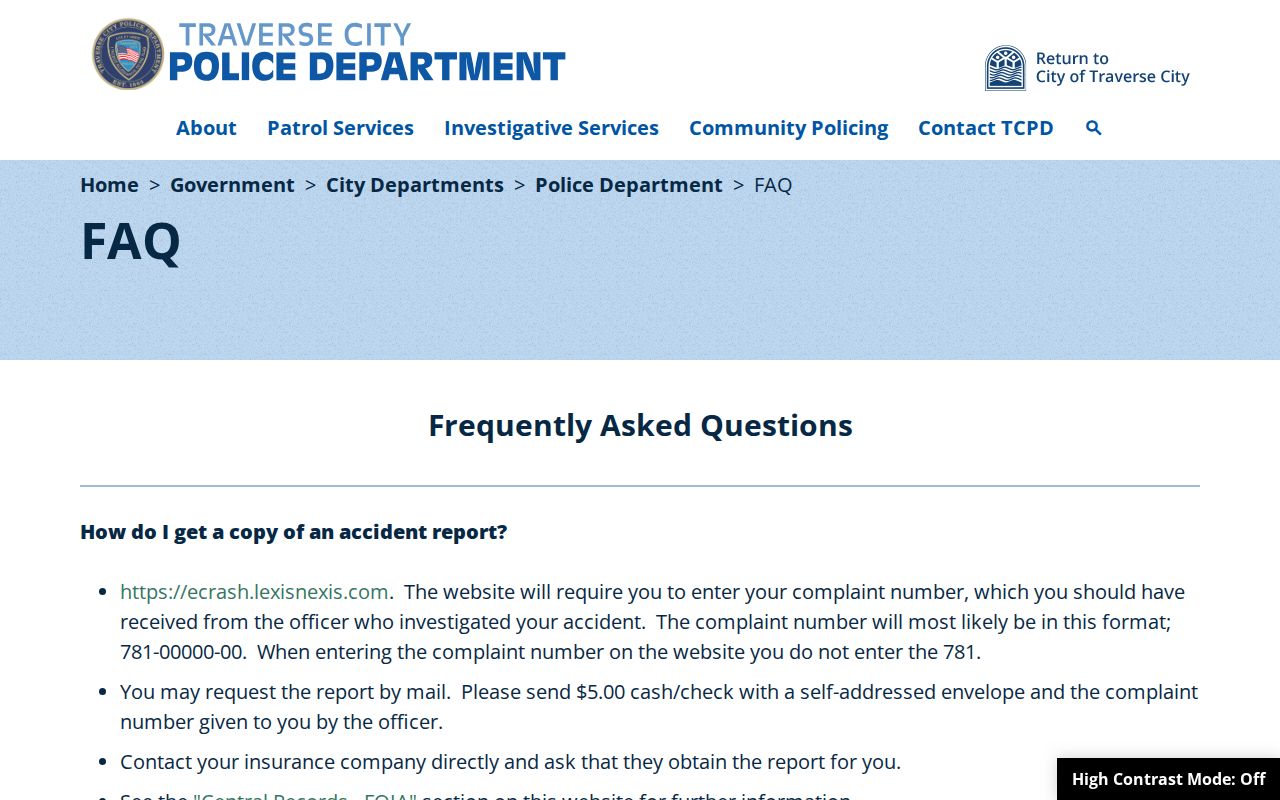 Traverse City police records page for warrant and district court questions