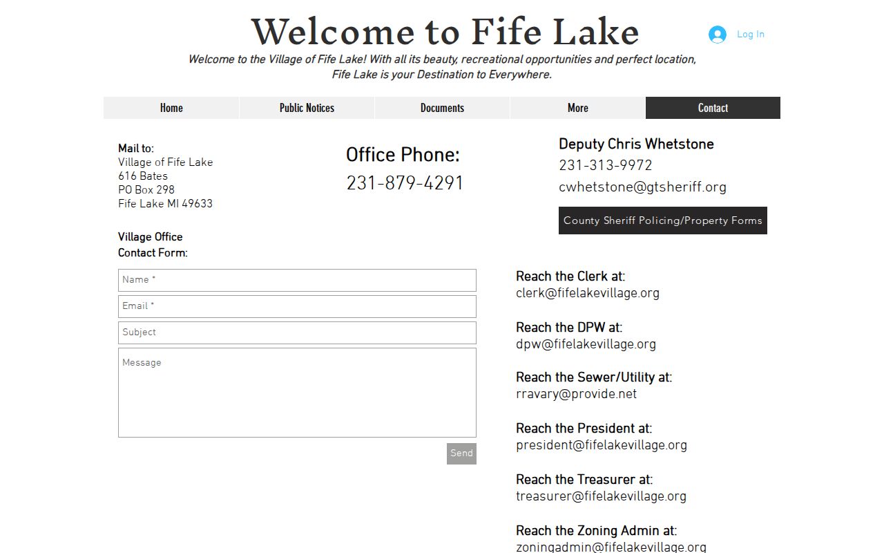Fife Lake village contact page showing county sheriff policing contact