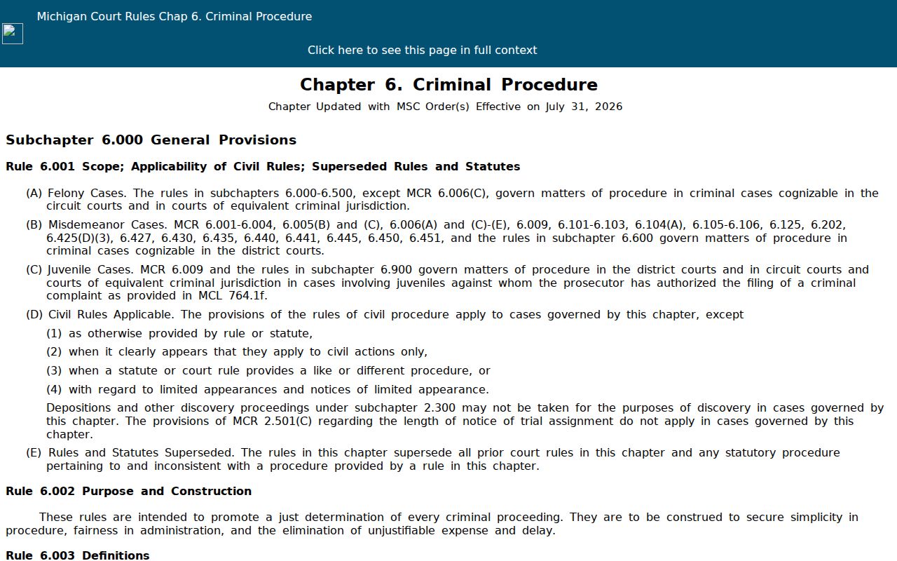 Michigan court rules text on failure to appear and Grand Traverse County bench warrants