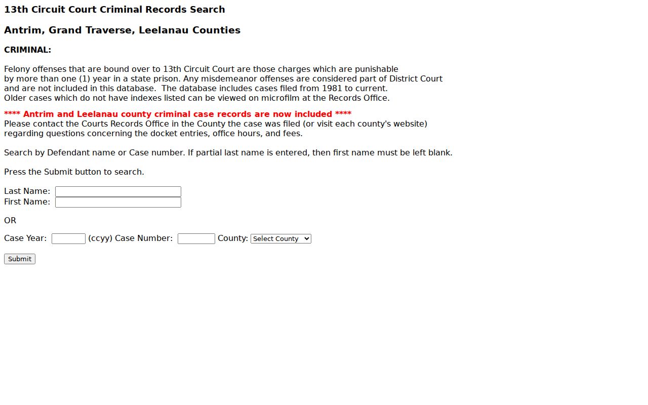 Grand Traverse County 13th Circuit felony warrant search fields