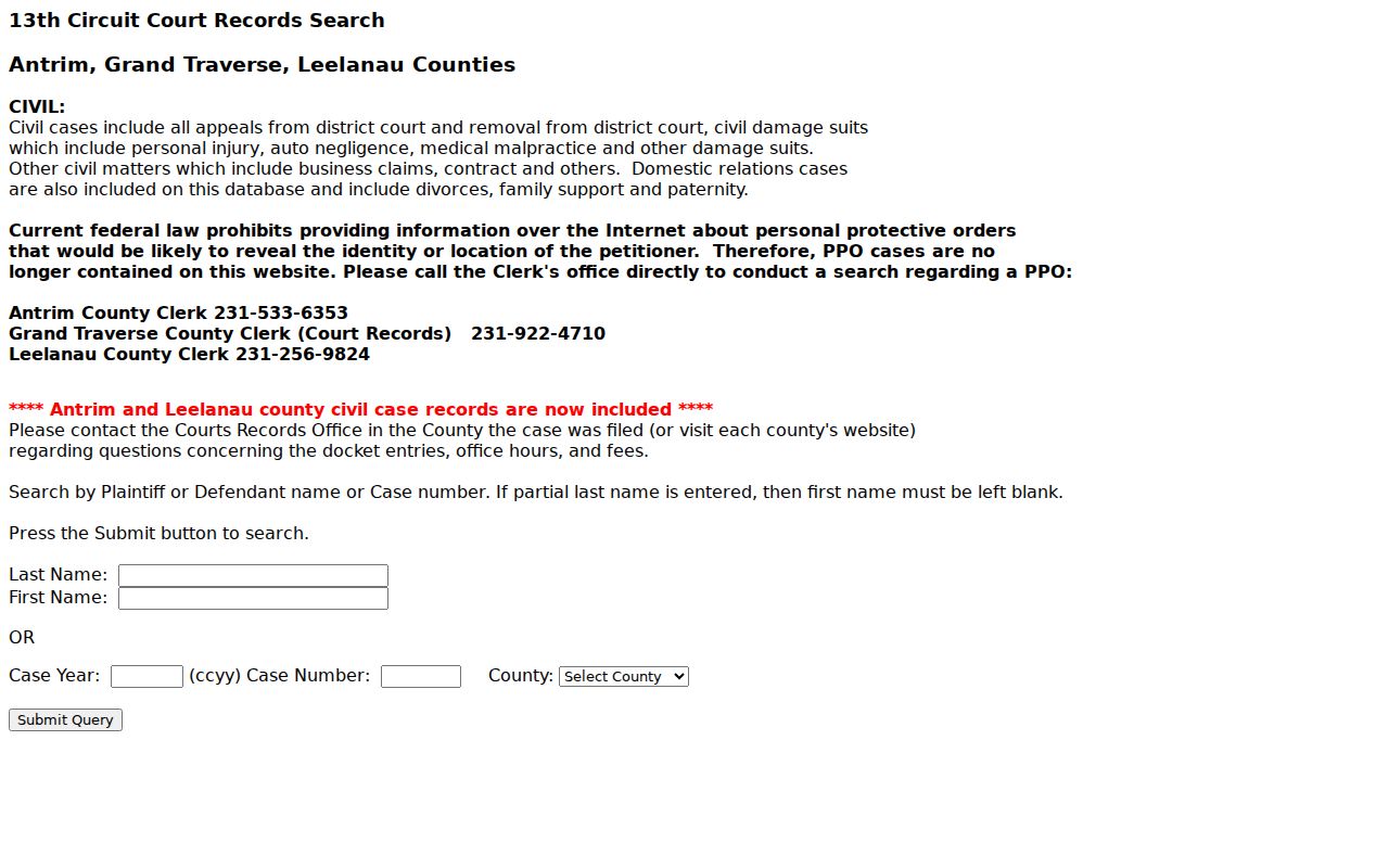Grand Traverse County 13th Circuit civil record search limits and warrant records