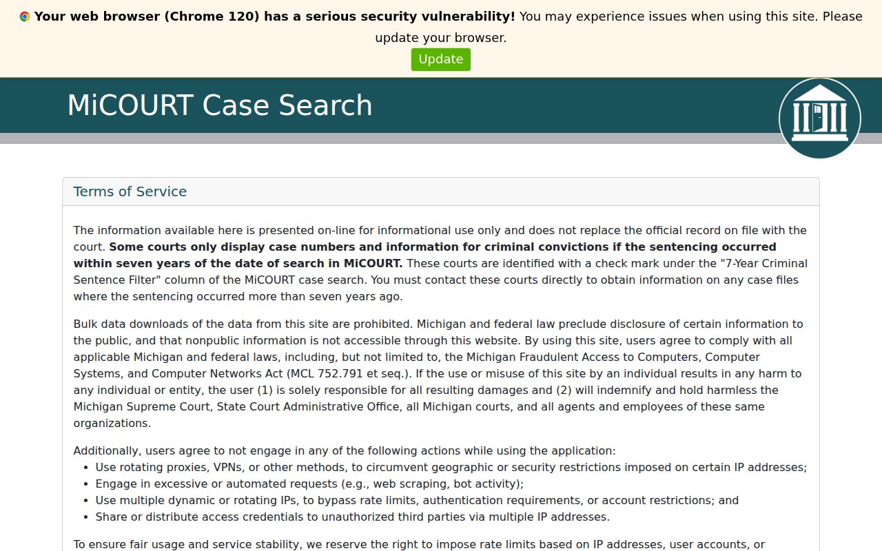 Michigan MiCOURT statewide case search used for Grand Traverse County warrant checks